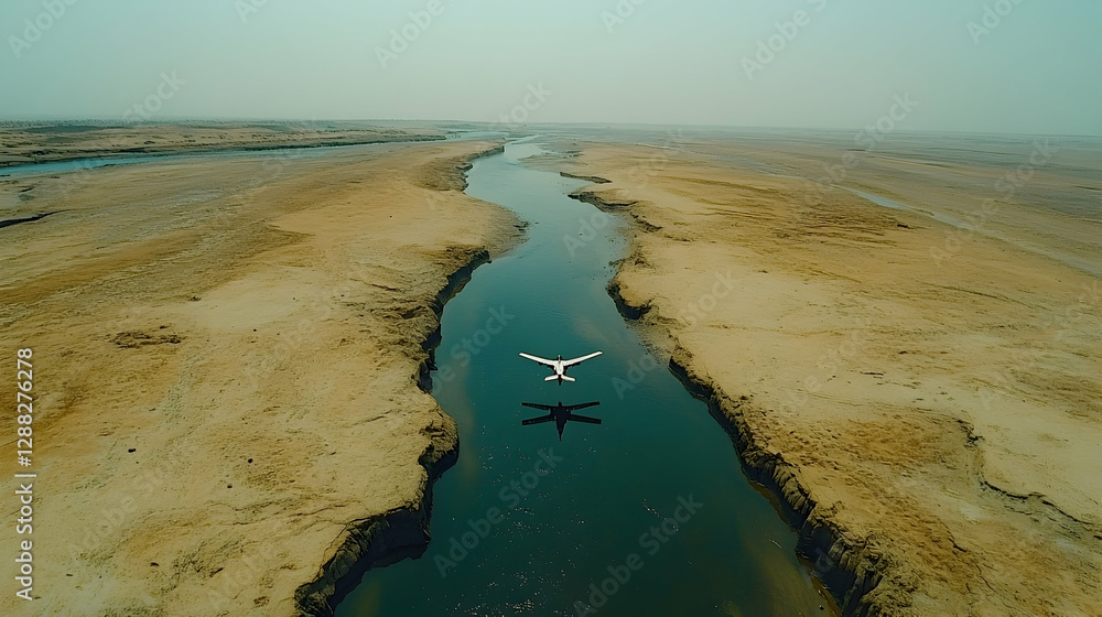 Obraz premium Aerial View Bird Over Dried Riverbed