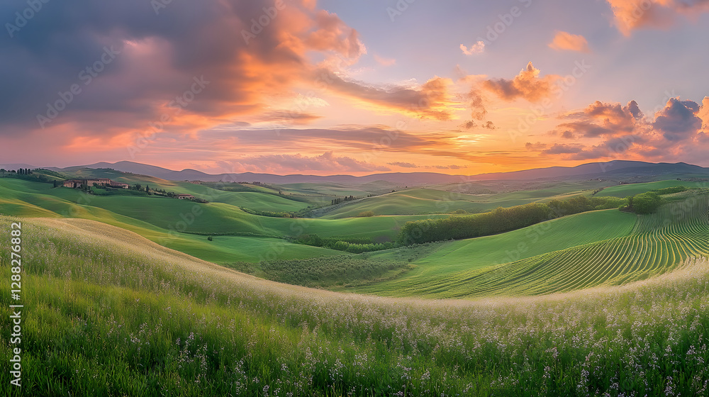 Fototapeta premium An idyllic vineyard in the rolling hills of Tuscany under a pastel sunset.