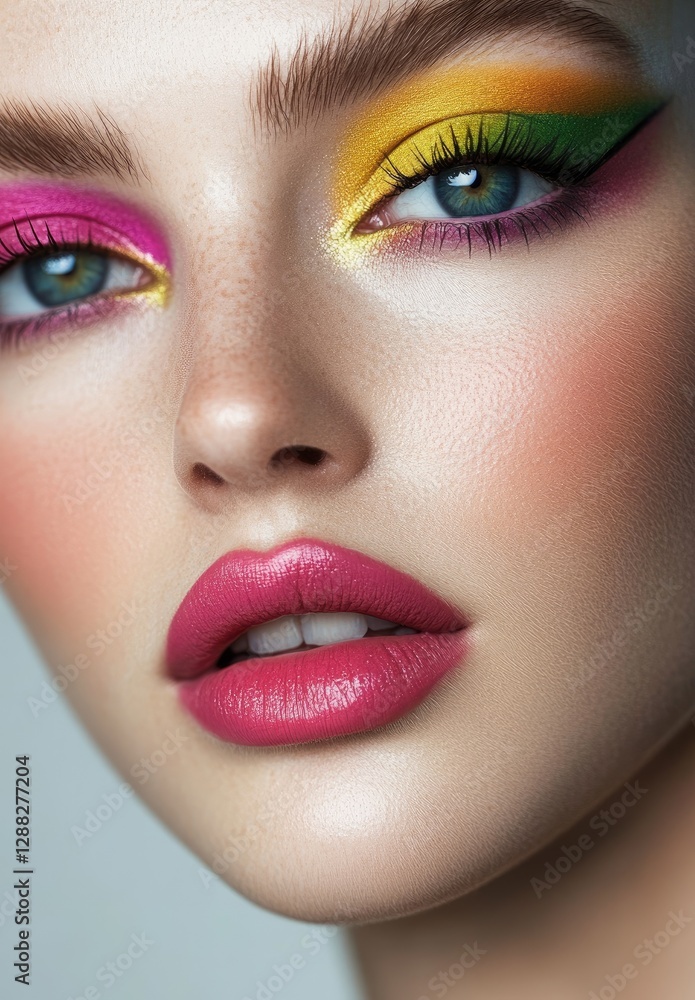 A close-up of the face, featuring vibrant makeup with pink lips and colorful eyeshadow that highlights her green eyes A close-up of the face, featuring vibrant makeup with pink lips and colorful eyeshadow that highlights her green eyes