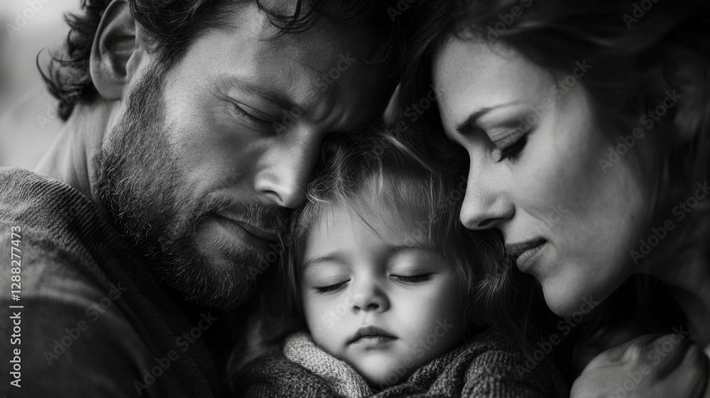 A beautiful black-and-white portrait of a family, capturing deep emotions and timeless expressions. The contrast enhances the strong bond between father, mother, and child A beautiful black-and-white portrait of a family, capturing deep emotions and timeless expressions. The contrast enhances the strong bond between father, mother, and child