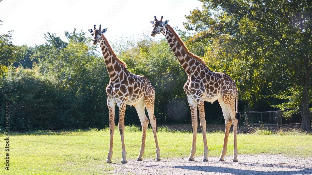 Obraz premium Two Giraffes Gracefully Grazing Under the Clear Blue Sky 