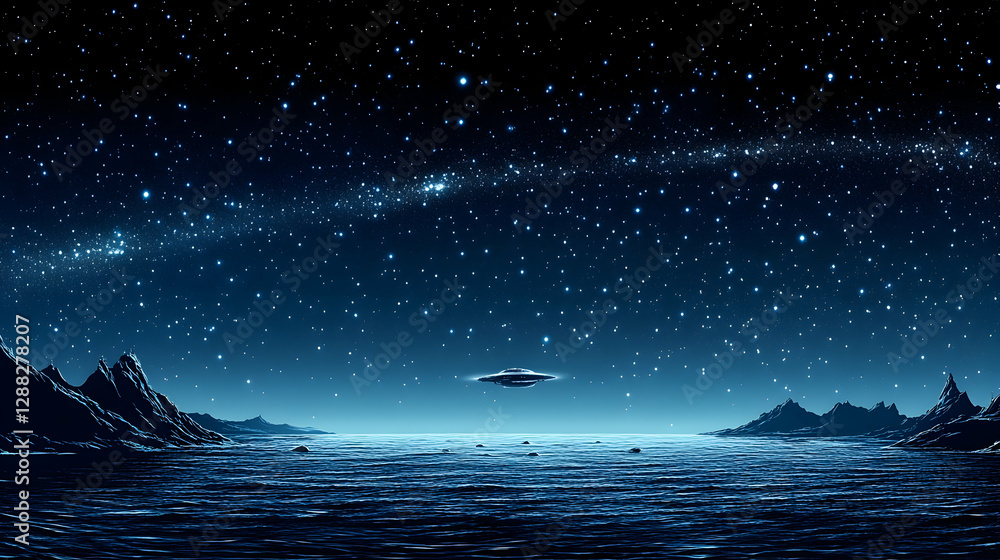 Fototapeta premium Alien Planet Night Sky UFO