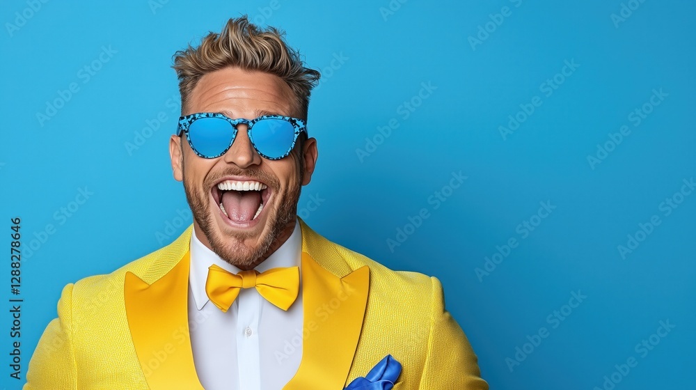 man dressed in a striking yellow suit showcases a big smile while wearing stylish sunglasses. lively blue background adds to the overall joyous atmosphere, highlighting his upbeat demeanor man dressed in a striking yellow suit showcases a big smile while wearing stylish sunglasses. lively blue background adds to the overall joyous atmosphere, highlighting his upbeat demeanor