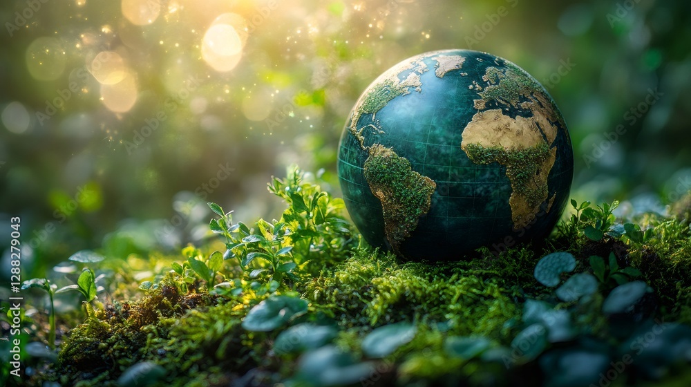 Green earth globe resting on lush moss in forest, celebrating earth day Green earth globe resting on lush moss in forest, celebrating earth day