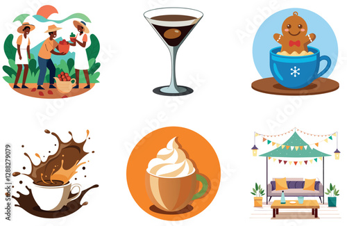 Modern Coffee Shop Design. Bundle of Cozy Seating. Collection Stickers