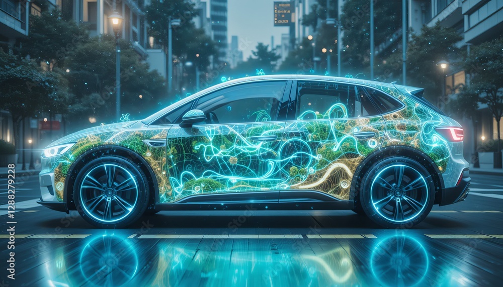 A futuristic electric car illuminated with glowing, intricate patterns, set against a modern urban backdrop. A futuristic electric car illuminated with glowing, intricate patterns, set against a modern urban backdrop.