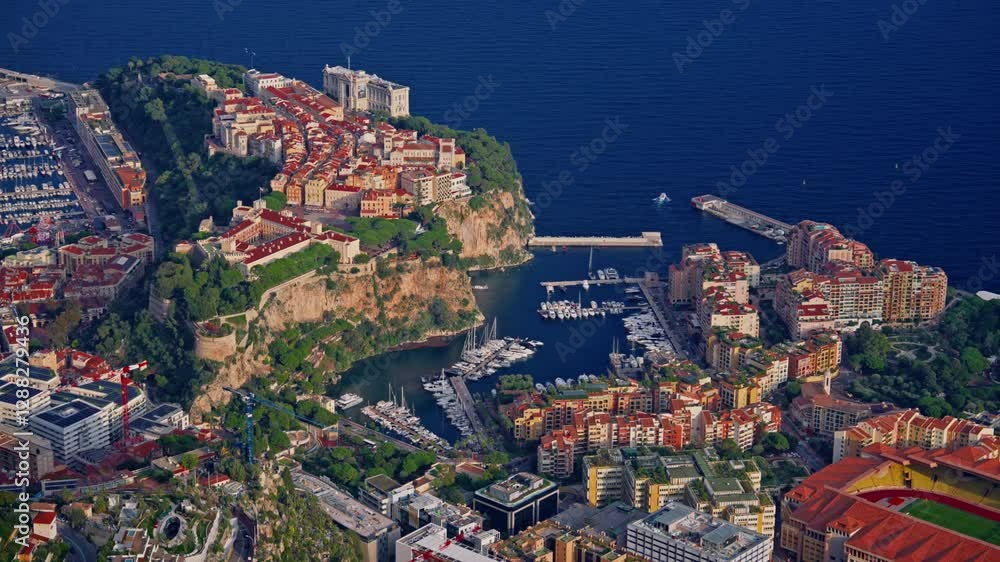 Aerial view of the Kingdom of Monaco. View of the marina and the royal palace Aerial view of the Kingdom of Monaco. View of the marina and the royal palace