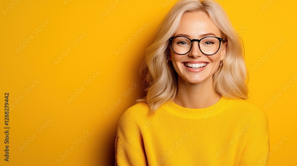 Fototapeta premium woman with blonde hair and glasses displays a warm smile while wearing a yellow sweater. bright yellow background enhances the cheerful atmosphere, emphasizing her happiness
