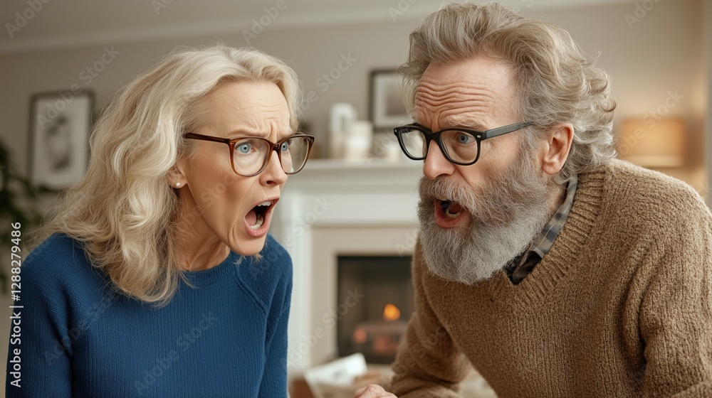elderly couple expresses intense emotions while arguing in their comfortable living room. Warm lighting highlights their animated facial expressions and the cozy atmosphere elderly couple expresses intense emotions while arguing in their comfortable living room. Warm lighting highlights their animated facial expressions and the cozy atmosphere