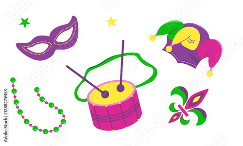 Vector set with elements for Mardi Gras carnival. Bright Images of hats, masks with beads and drums for design and logos.