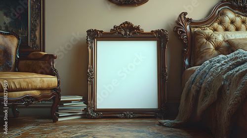 Illustration - Ornate Frame Mockup in Luxurious Bedroom Interior, Chair, Books, Bed