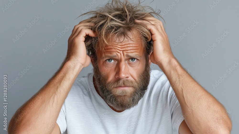 man with a disheveled appearance, showcasing signs of frustration and stress, holds his head in his hands man with a disheveled appearance, showcasing signs of frustration and stress, holds his head in his hands