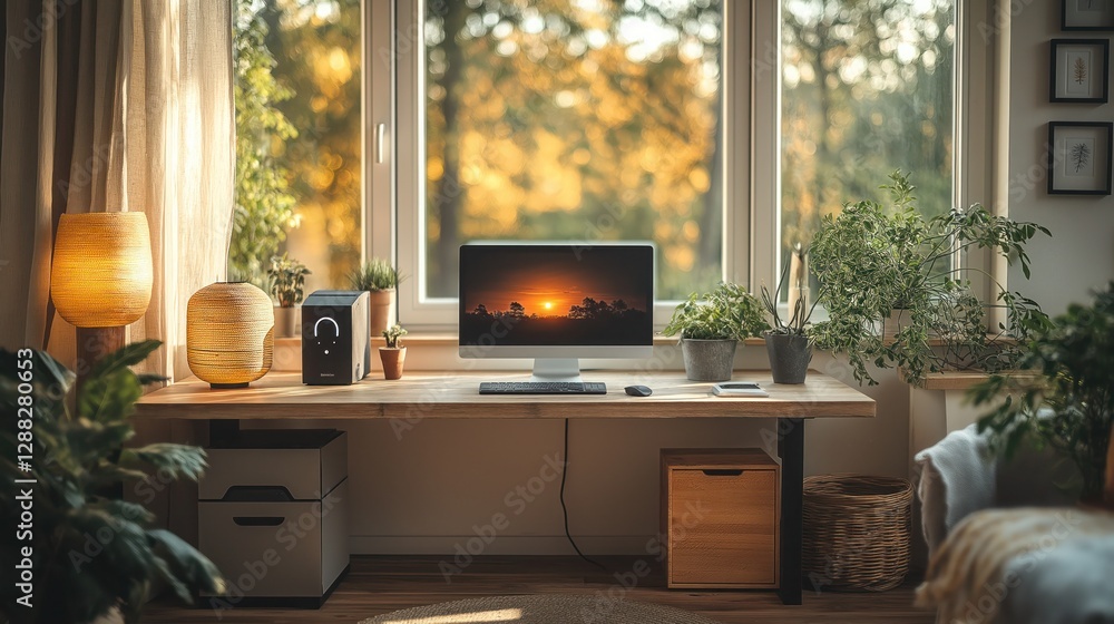 Fototapeta premium minimalistic workspace with Wi-Fi extender ensuring seamless internet in every corner
