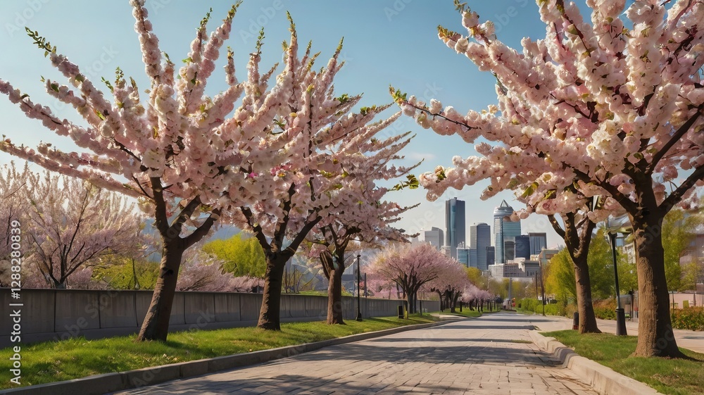 Naklejka premium Blank Sign with Spring Cityscape and Cherry Blossoms