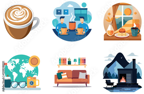 Smiling Young Woman Using Tablet. Coffee Bundle Collection Stickers