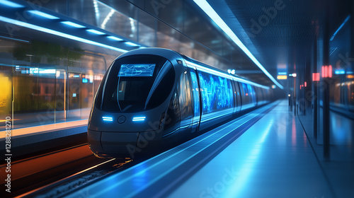 Futuristic subway station with sleek train and vibrant lighting in an urban environment