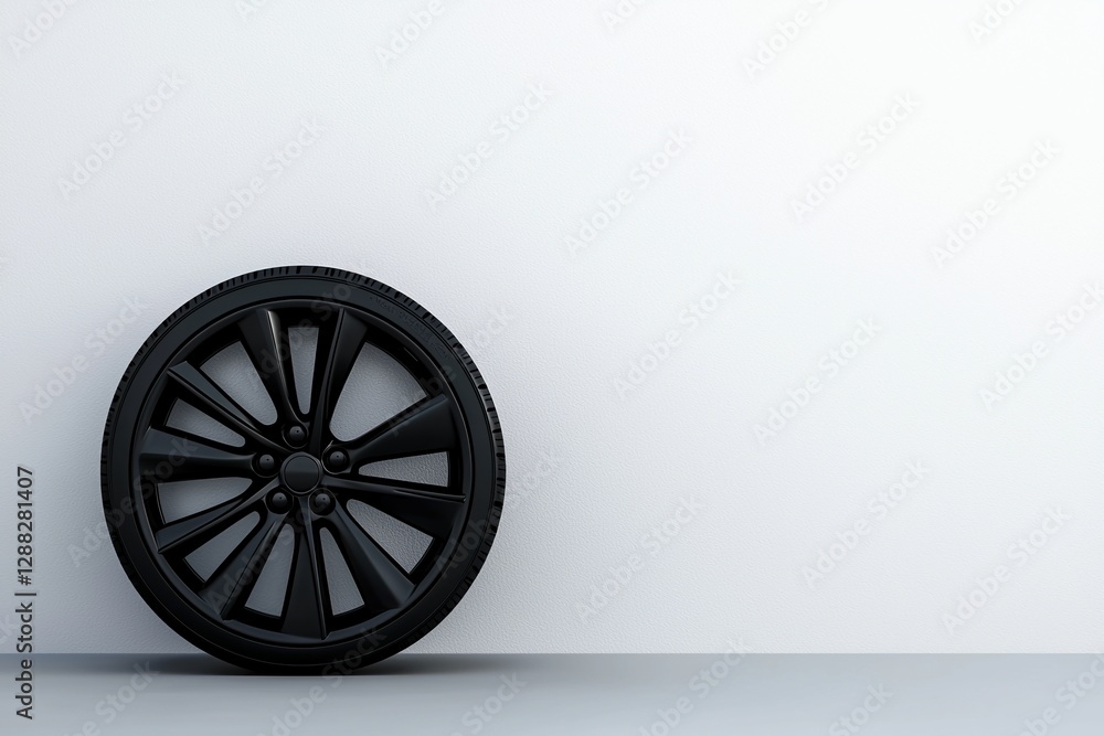 Fototapeta premium Electric Vehicles Concepts. Black car wheel leaning against a wall with a minimalist background.