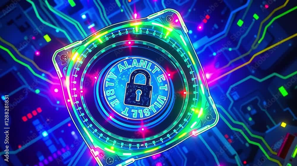 A vibrant digital lock symbolizing cybersecurity amidst a colorful circuit board backdrop A vibrant digital lock symbolizing cybersecurity amidst a colorful circuit board backdrop