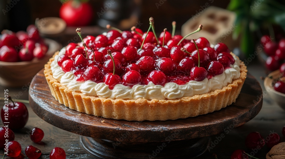 Delicious cherry tart with whipped cream on wooden cake stand Delicious cherry tart with whipped cream on wooden cake stand