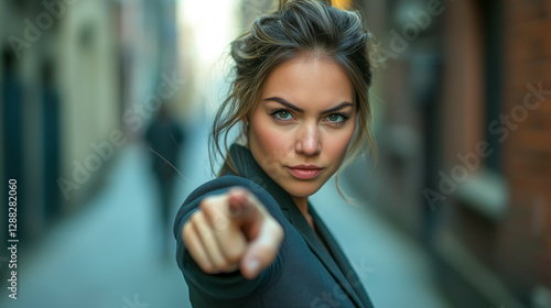 Focused woman pointing forward, engaging the viewer with a direct gaze in an urban setting. Assertive and confident.