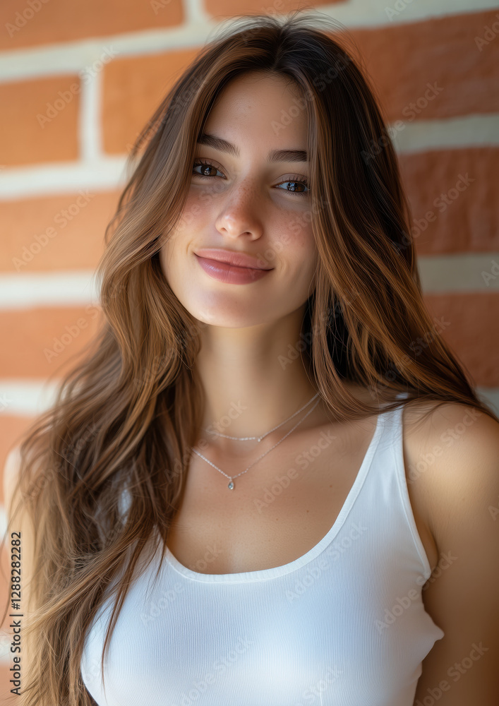 Portrait of a smiling young woman with long brown hair posing against a brick wall background wearing a white top Portrait of a smiling young woman with long brown hair posing against a brick wall background wearing a white top