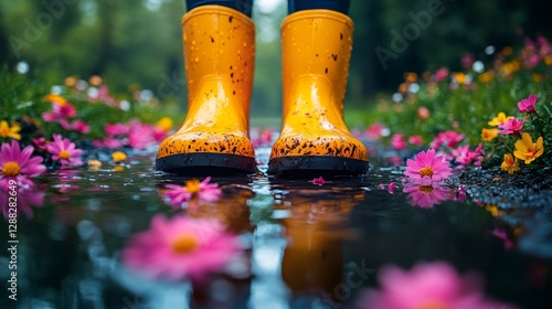 Fototapeta Naklejka Na Ścianę i Meble -  Yellow rubber boots standing in puddle with pink flowers