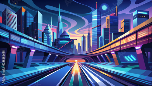 A futuristic city highway at night with glowing light streaks, capturing the speed and dynamic energy of modern urban transportation