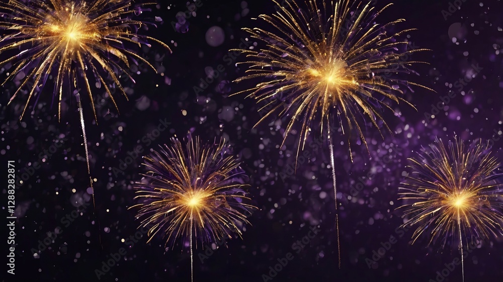 Dark Violet Sky with Exploding Gold Fireworks and Bokeh Dark Violet Sky with Exploding Gold Fireworks and Bokeh