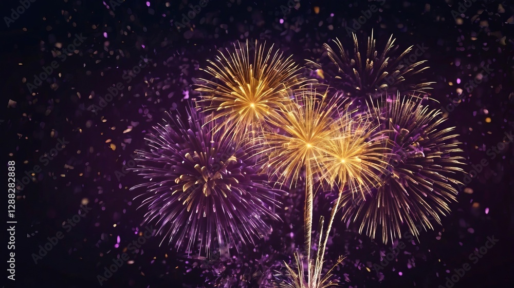 Fototapeta premium Dark Violet Sky with Exploding Gold Fireworks and Bokeh