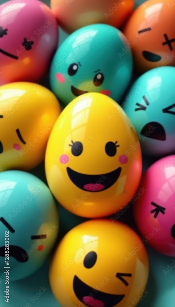 Obraz premium Egg with bright yellow smiley face amidst other eggs of various colors displaying different negative emotions, red eggs, green eggs