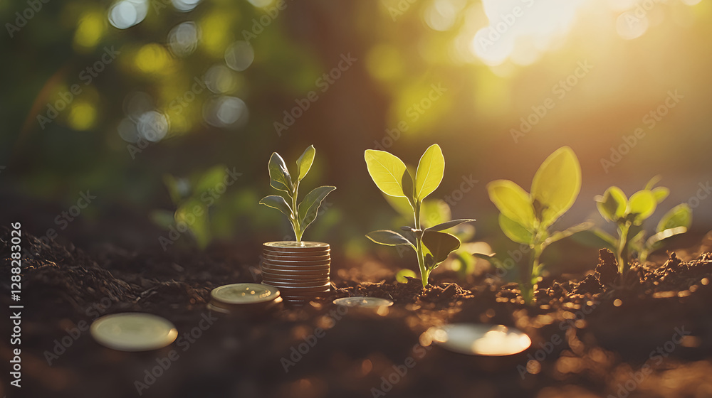 Growing Money Seedlings Sprouting from Coins in Soil Growing Money Seedlings Sprouting from Coins in Soil