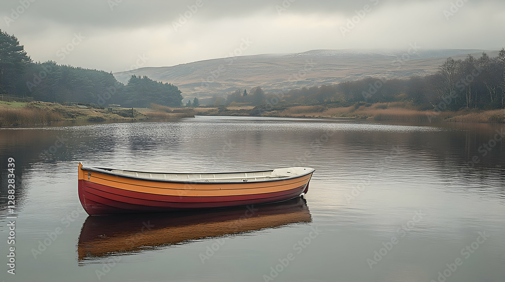 Calm Lake Boat Misty Mountains Calm Lake Boat Misty Mountains