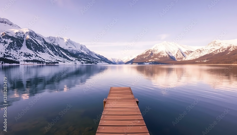 Serene Wooden Dock on Calm Mountain Lake at Sunrise Serene Wooden Dock on Calm Mountain Lake at Sunrise