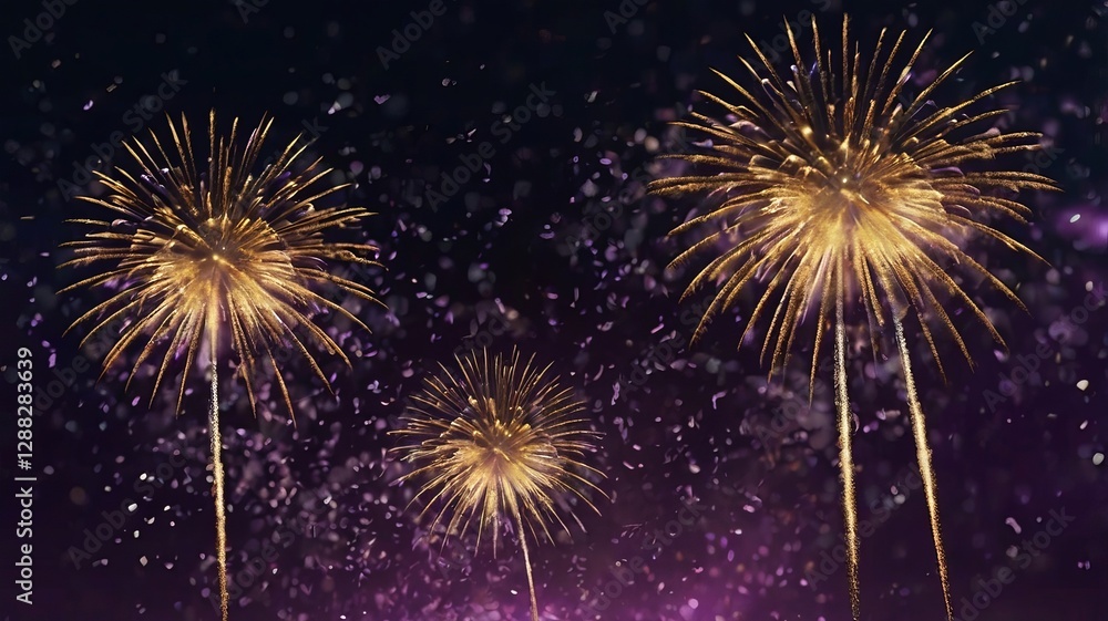 Fototapeta premium Dark Violet Sky with Exploding Gold Fireworks and Bokeh