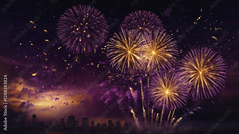 Dark Violet Sky with Exploding Gold Fireworks and Bokeh Dark Violet Sky with Exploding Gold Fireworks and Bokeh
