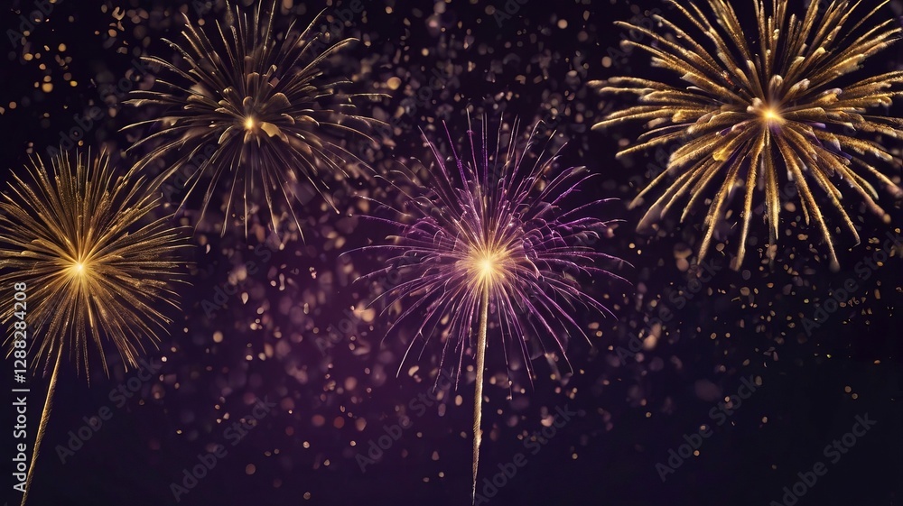 Fototapeta premium Dark Violet Sky with Exploding Gold Fireworks and Bokeh
