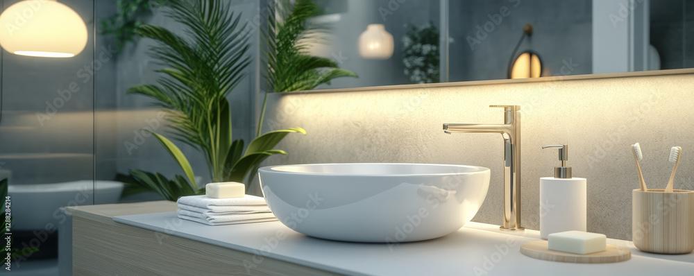 Fototapeta premium modern bathroom setup featuring stylish sink, elegant faucet, and decorative plants, creating serene and inviting atmosphere