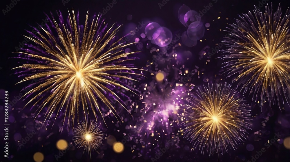 Fototapeta premium Dark Violet Sky with Exploding Gold Fireworks and Bokeh