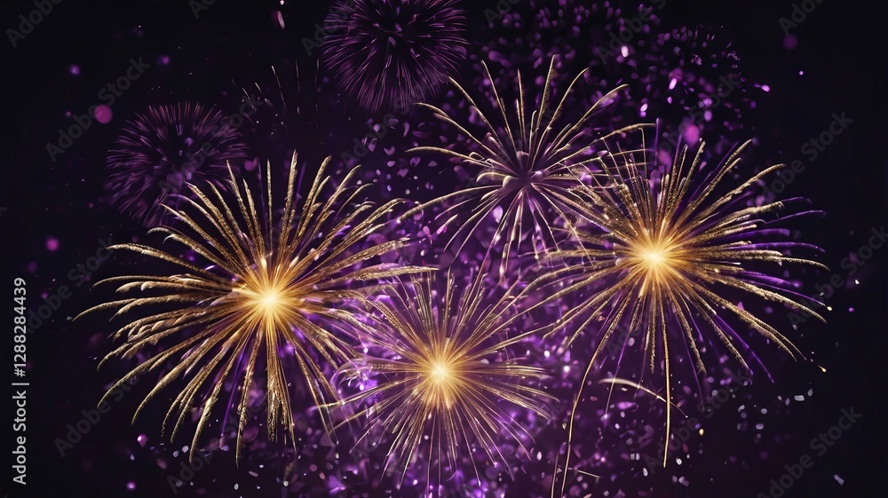 Dark Violet Sky with Exploding Gold Fireworks and Bokeh Dark Violet Sky with Exploding Gold Fireworks and Bokeh