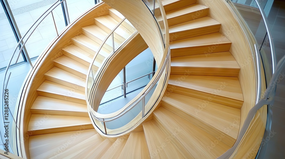 Fototapeta premium A beautifully designed wooden staircase with sleek railings.