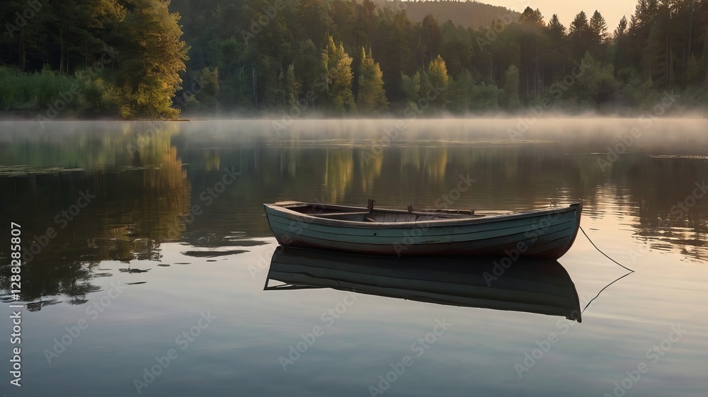 Empty Rowboat at Dawn on a Serene Lake Empty Rowboat at Dawn on a Serene Lake