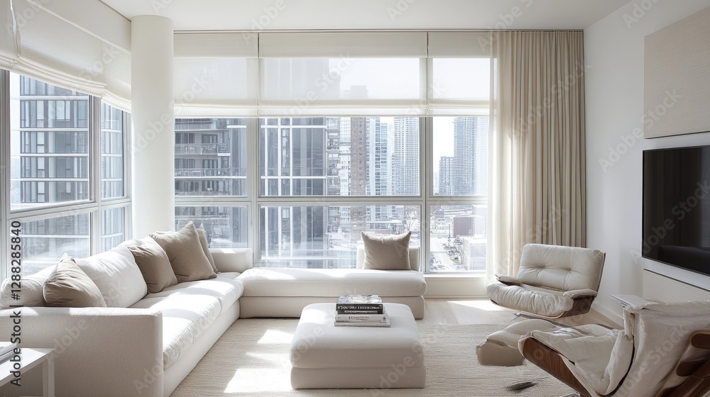 A bright condo with a neutral color scheme and soft-textured furnishings. A bright condo with a neutral color scheme and soft-textured furnishings.