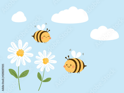 Bee cartoons, daisy flower, white cloud on blue sky background vector.