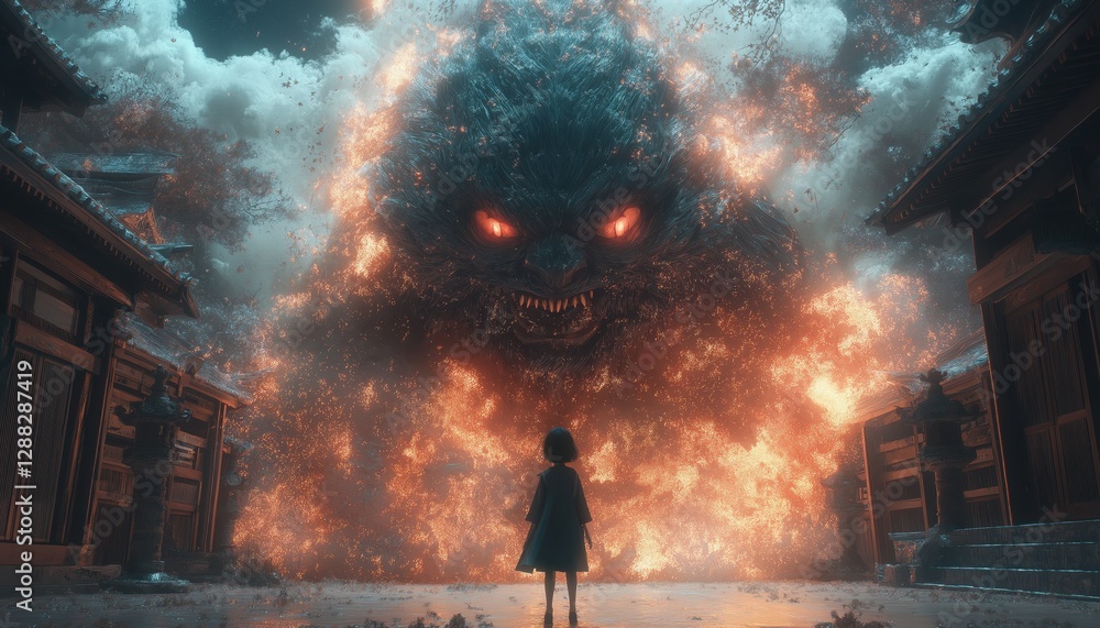 Fototapeta premium Fantasy Anime Stock Photo Epic Monster Confrontation in Japan