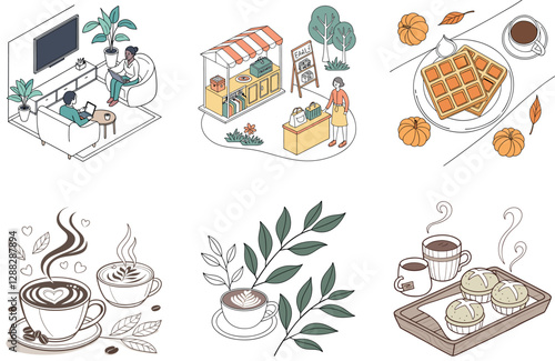 Cozy Winter Home Living Room Bundle. Coffee Collection Illustrations