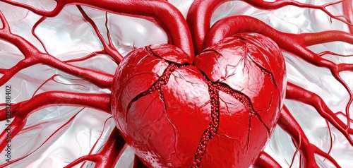 Digital 3D rendering of a human heart with plaque buildup in arteries, symbolizing coronary heart disease and blockage