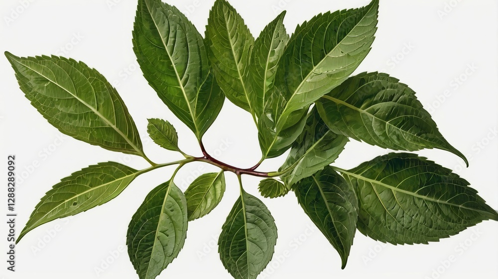 Fototapeta premium Green Leafy Branch on Pure White Background