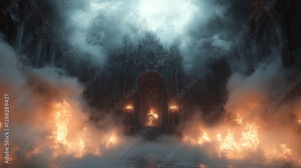 A cursed palace of an ancient demon king, built from blackened bones and burning stone. The air is thick with smoke A cursed palace of an ancient demon king, built from blackened bones and burning stone. The air is thick with smoke