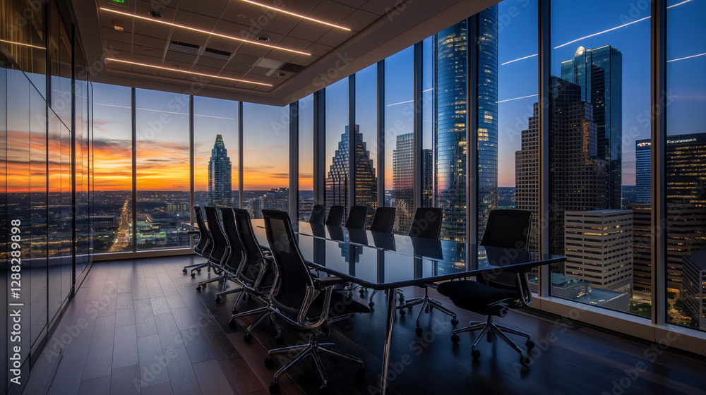 Fototapeta premium Modern corporate conference room showcasing city skyline at twilight