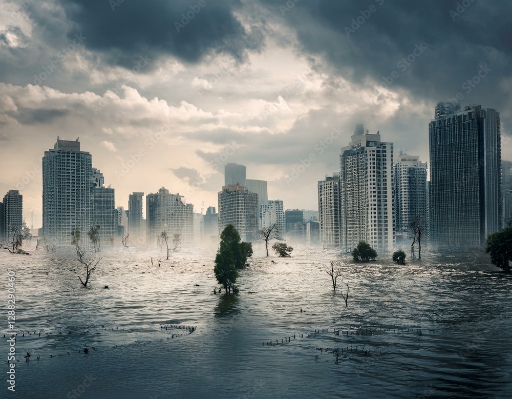 Fototapeta premium Flooded city landscape apocalyptic with a person standing in the foreground
